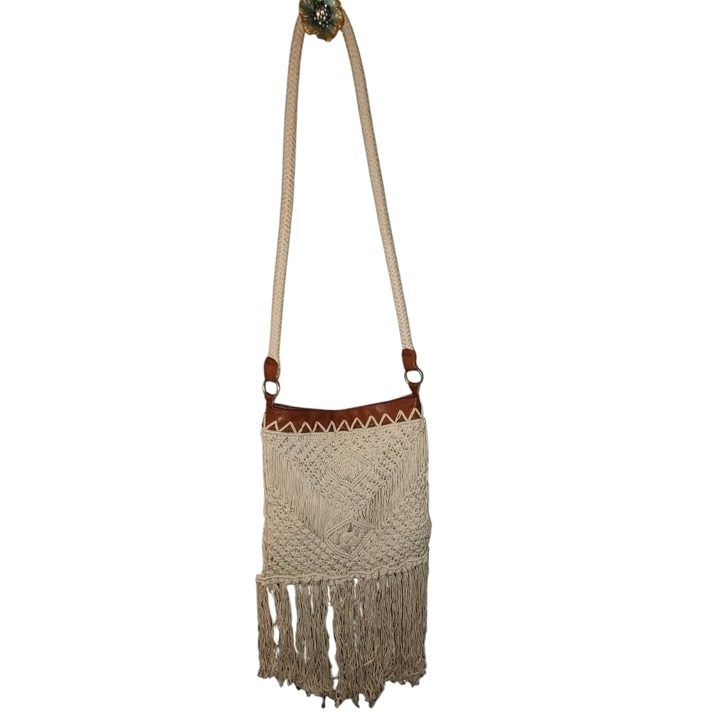Cream and Brown Macramé Crossbody Bag - Picture 9 of 9